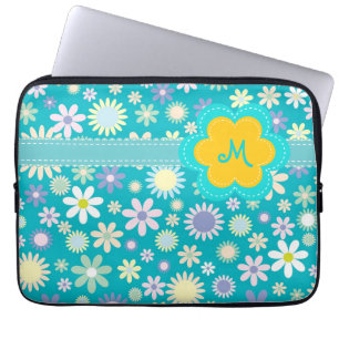 Capa Para Notebook Monograma azul retro de flower power