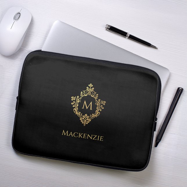 Capa Para Notebook Monograma Black Faux Dourado Elegage Crest (Criador carregado)