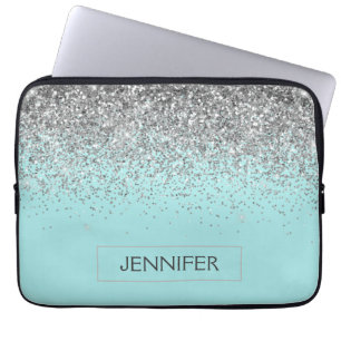 Capa Para Notebook Monograma Blue Silver Glam Glitter