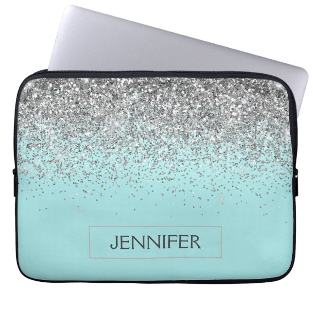 Capa Para Notebook Monograma Blue Silver Glam Glitter (Frente)