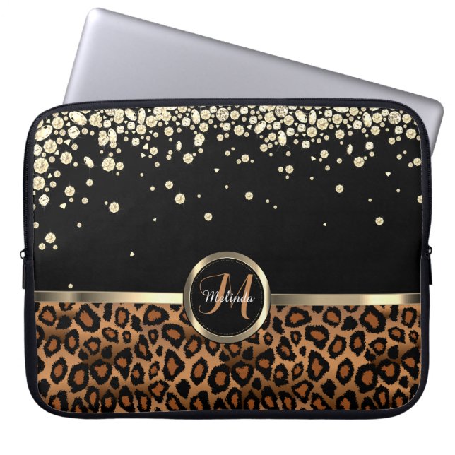 Capa Para Notebook Monograma Castanho e Leopardo Negro com Diamante D (Frente)