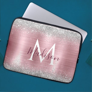 Capa Para Notebook Monograma cinzento de cintilação prateada com rosa