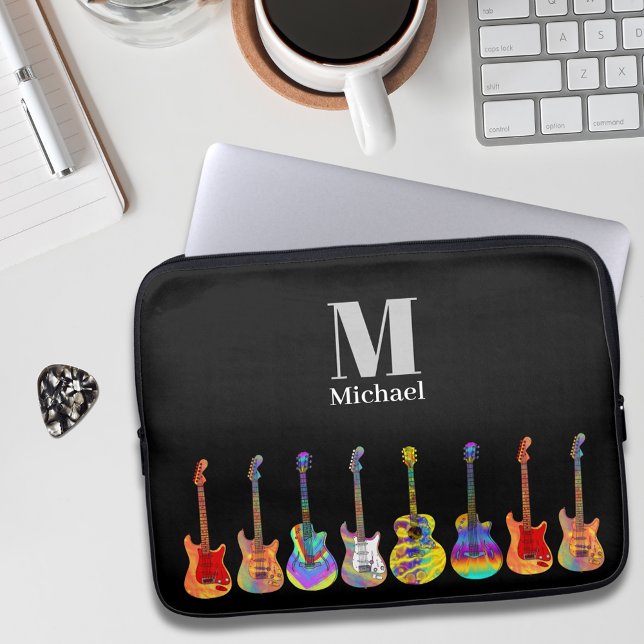 Capa Para Notebook Monograma Colorido de Violão (Funky guitar pattern on black personalized monogram music teacher guitarist musician performer )