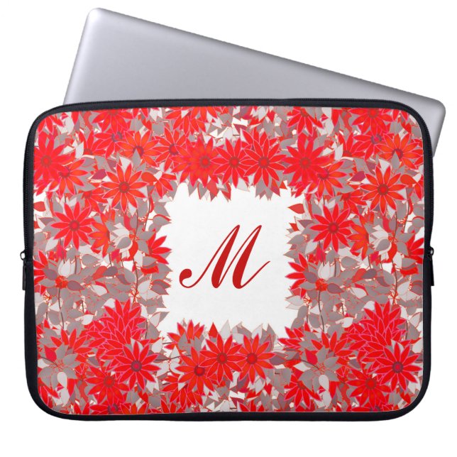 Capa Para Notebook Monograma com flores - vermelho e cinza (Frente)