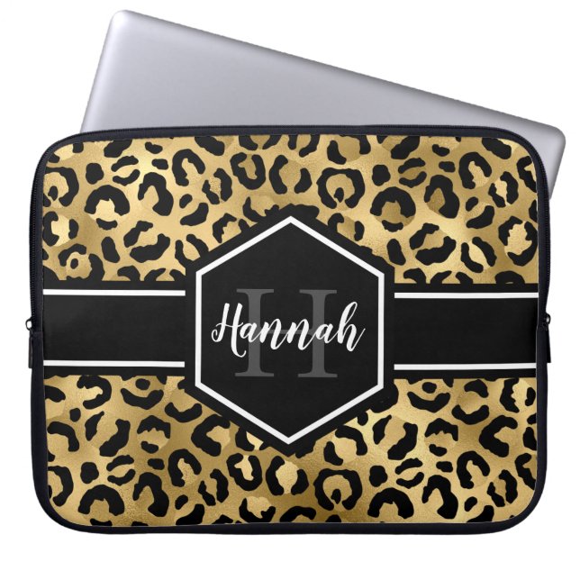 Capa Para Notebook Monograma das Manchas Leopardo Pretas Douradas (Frente)