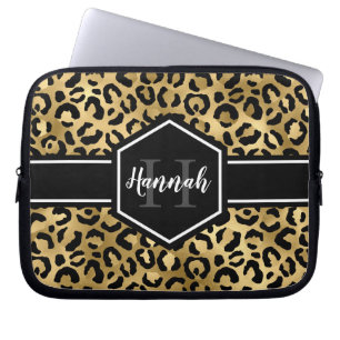Capa Para Notebook Monograma das Manchas Leopardo Pretas Douradas