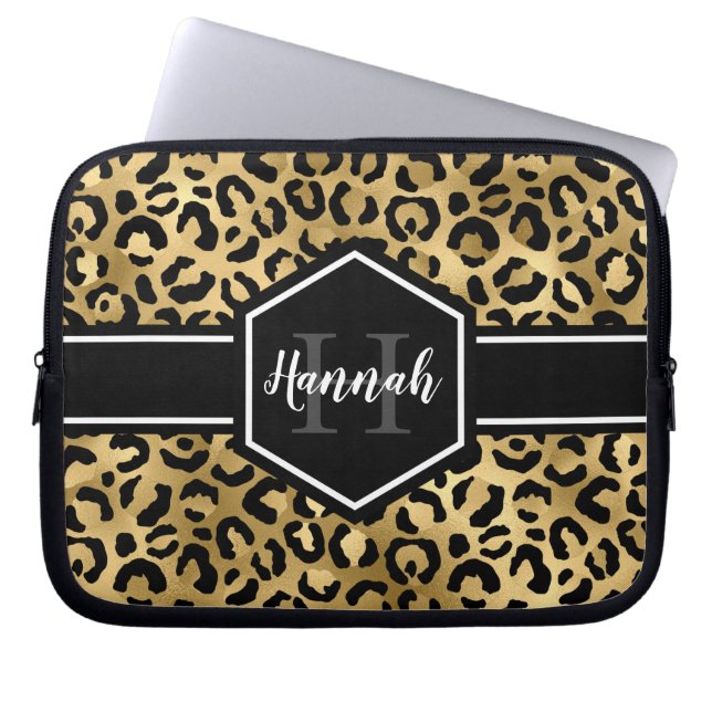 Capa Para Notebook Monograma das Manchas Leopardo Pretas Douradas (Frente)
