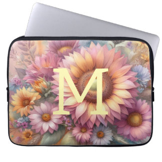 Capa Para Notebook Monograma de aquarela floral rosa amarelo girassol