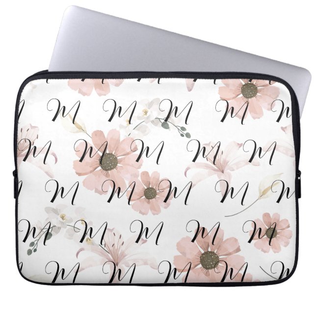 Capa Para Notebook Monograma de Arte de Flores Rosa em Aquarela (Frente)