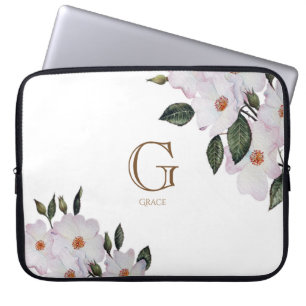 Capa Para Notebook Monograma de Arte Floral Botânica Rosa de Cor Aqu