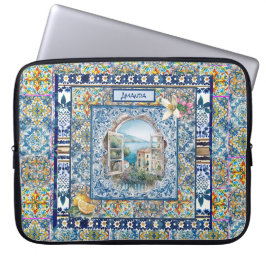 Capa Para Notebook monograma de azulejos florais azuis-italianos de v
