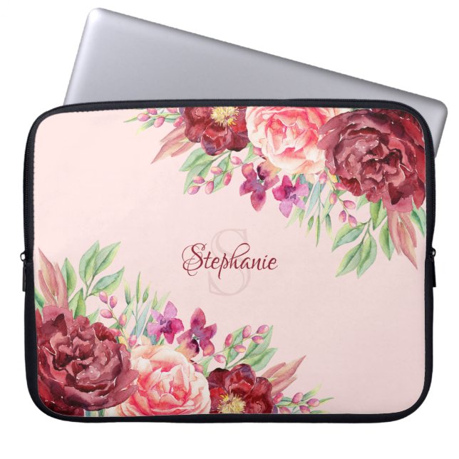 Capa Para Notebook Monograma de Blush Floral Burgundy Personalizado (Frente)
