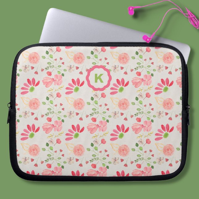 Capa Para Notebook Monograma de Botânica Floral Rosa e Verde (Criador carregado)
