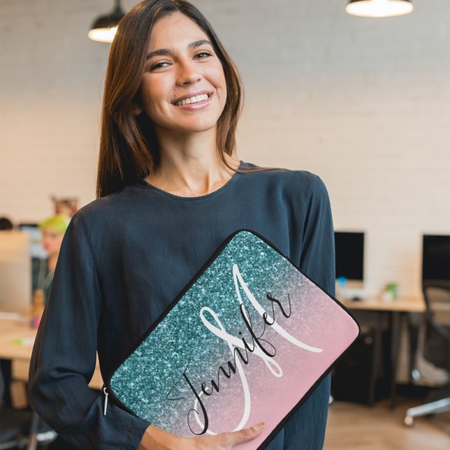 Capa Para Notebook Monograma de Brilho Rosa e Teal (You can change the font style, size and placement of the name and monogram.)