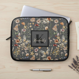 Capa Para Notebook Monograma de Flores Silvestres Aguarela Cinza Carv