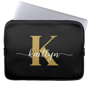 Capa Para Notebook Monograma de Letra Cursiva em Preto e Dourado