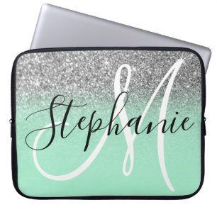 Capa Para Notebook Monograma de Mint Green e Silver Glitter