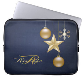 Capa Para Notebook Monograma de Natal Enfeites Dourados Azul Naval