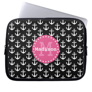 Capa Para Notebook Monograma de Padrão de Âncora Cor-de-Rosa Preta