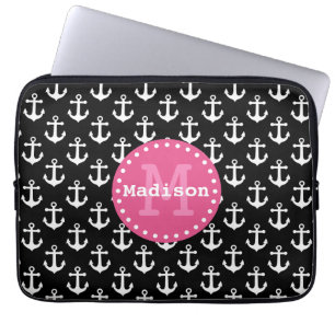 Capa Para Notebook Monograma de Padrão de Âncora Cor-de-Rosa Preta
