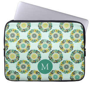 Capa Para Notebook Monograma de padrão de flor moderno em verde-teal