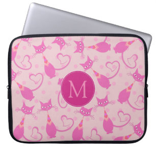 Capa Para Notebook Monograma de Padrão de Gato Sonolento Rosa Girly