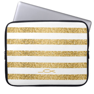 Capa Para Notebook Monograma de Padrão de Listras Brancas Douradas