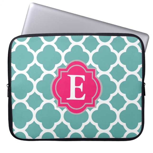 Capa Para Notebook Monograma de Quatrefoil Azul Claro e Rosa (Frente)