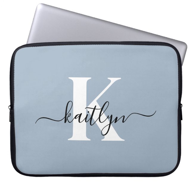 Capa Para Notebook Monograma de Script Azul Elegante Dusty (Frente)