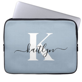 Capa Para Notebook Monograma de Script Azul Elegante Dusty
