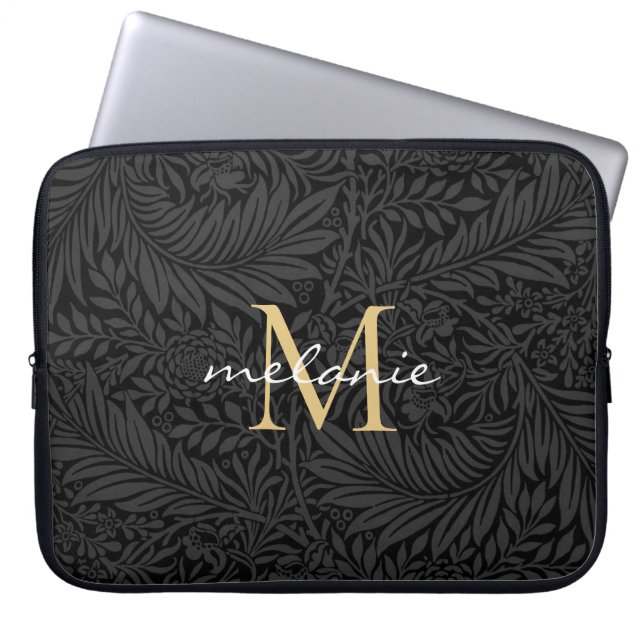 Capa Para Notebook Monograma de Script Floral Dourado Elegante Preto (Frente)