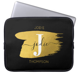 Capa Para Notebook Monograma de Script Preto e Dourado Moderno Inicia