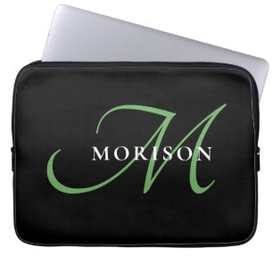 Capa Para Notebook Monograma de Script Verde Preto Moderno Elegante
