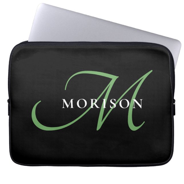 Capa Para Notebook Monograma de Script Verde Preto Moderno Elegante (Frente)