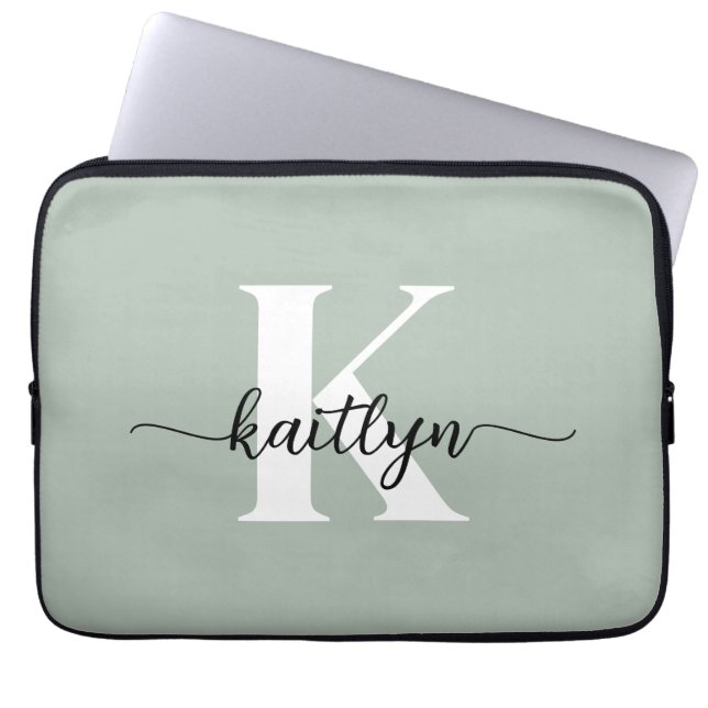 Capa Para Notebook Monograma de Script Verde Sage (Frente)