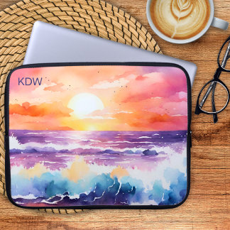 Capa Para Notebook Monograma de Surf do Pôr do Sol em Aquarela