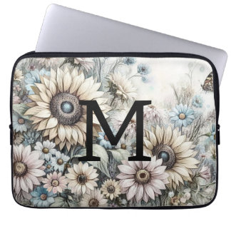 Capa Para Notebook Monograma desenho floral girassol amarelo rosa