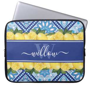 Capa Para Notebook Monograma do Backsplash do Azulejo Azul-Limão