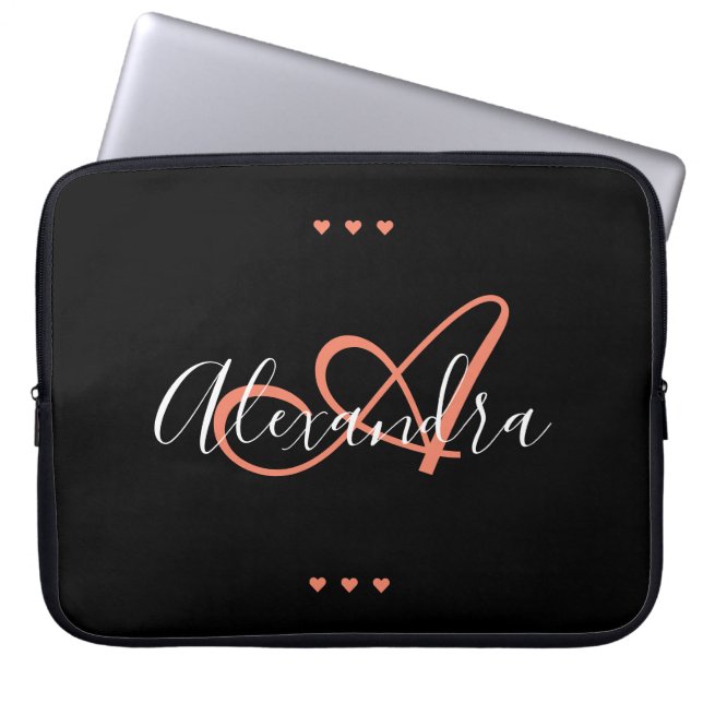 Capa Para Notebook Monograma do Nome do Script Coral Negro Elegante (Frente)
