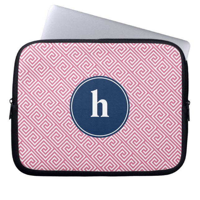 Capa Para Notebook Monograma do padrão-chave grego rosa e azul (Frente)