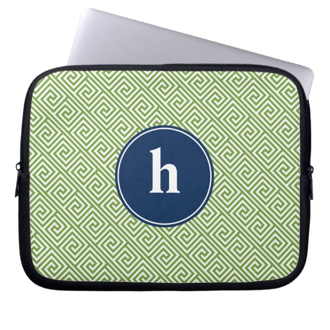 Capa Para Notebook Monograma do padrão-chave grego verde e azul (Frente)