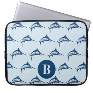 Capa Para Notebook Monograma do Padrão de Espadarte Azul legal