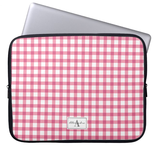 Capa Para Notebook Monograma do Padrão de Xadrez Gingham Rosa de Fram (Frente)