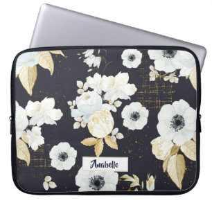 Capa Para Notebook Monograma do padrão floral branco e azul primaver