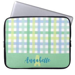 Capa Para Notebook Monograma do padrão Gingham do Pastel Limão Verde