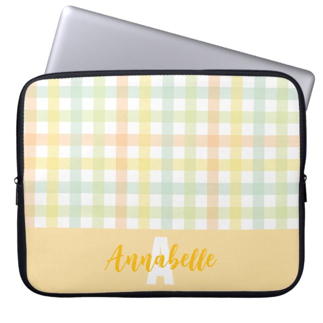 Capa Para Notebook Monograma do Pastel Gingham Gingham verde-laranja  (Frente)