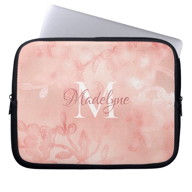 Capa Para Notebook Monograma do Shimmer Floral Rosa-Blush Moderno (Frente)