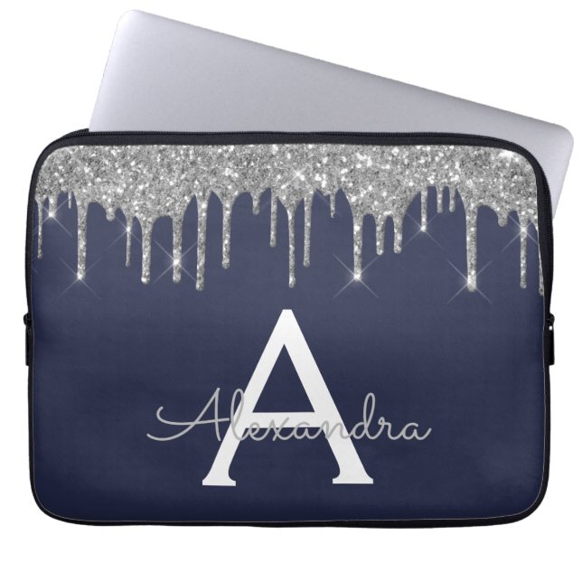 Capa Para Notebook Monograma do Sparkle marinho Blue Silver Glitter M (Frente)