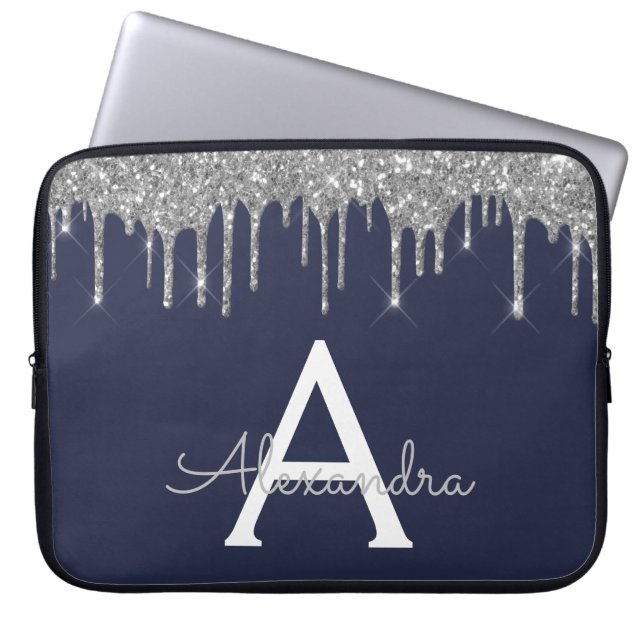 Capa Para Notebook Monograma do Sparkle marinho Blue Silver Glitter M (Frente)