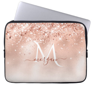 Capa Para Notebook Monograma Dourado de Rosa de Pêssego com brilho